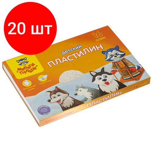 Комплект 20 шт, Пластилин Мульти-Пульти 'Енот на Аляске', 16 цветов, 240г, со стеком, картон