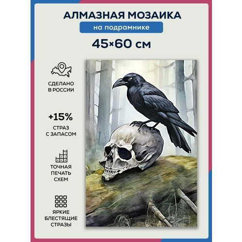 Алмазная мозаика 45x60 Ворон на черепе на подрамнике