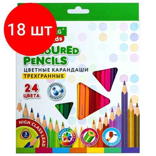 Комплект 18 шт, Карандаши цветные BRAUBERG KIDS, 24 цвета, трехгранный корпус, грифель мягкий 3 мм, 181944