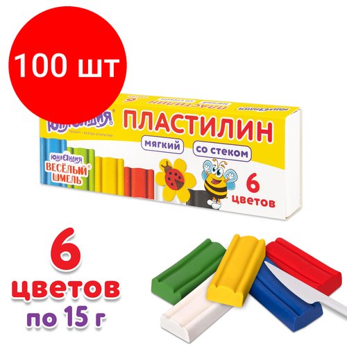 Комплект 100 шт, Пластилин мягкий юнландия 'веселый шмель', 6 цветов, 90 г, со стеком, 106671