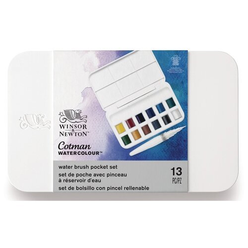 Winsor & Newton Акварель Cotman Watercolours + кисть с резервуаром (390658), 12 цв., 12 шт., ассорти